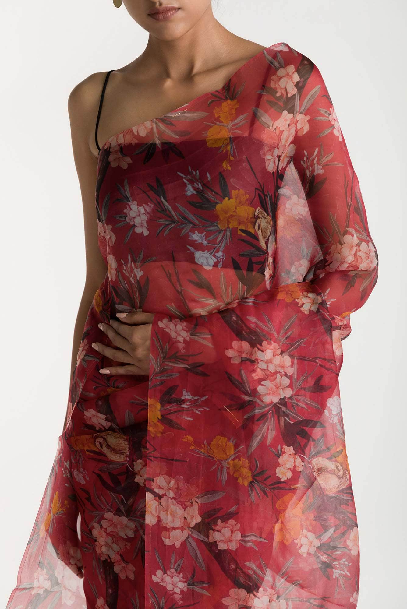 Tropical Parrots Red Pure Organza Silk Saree