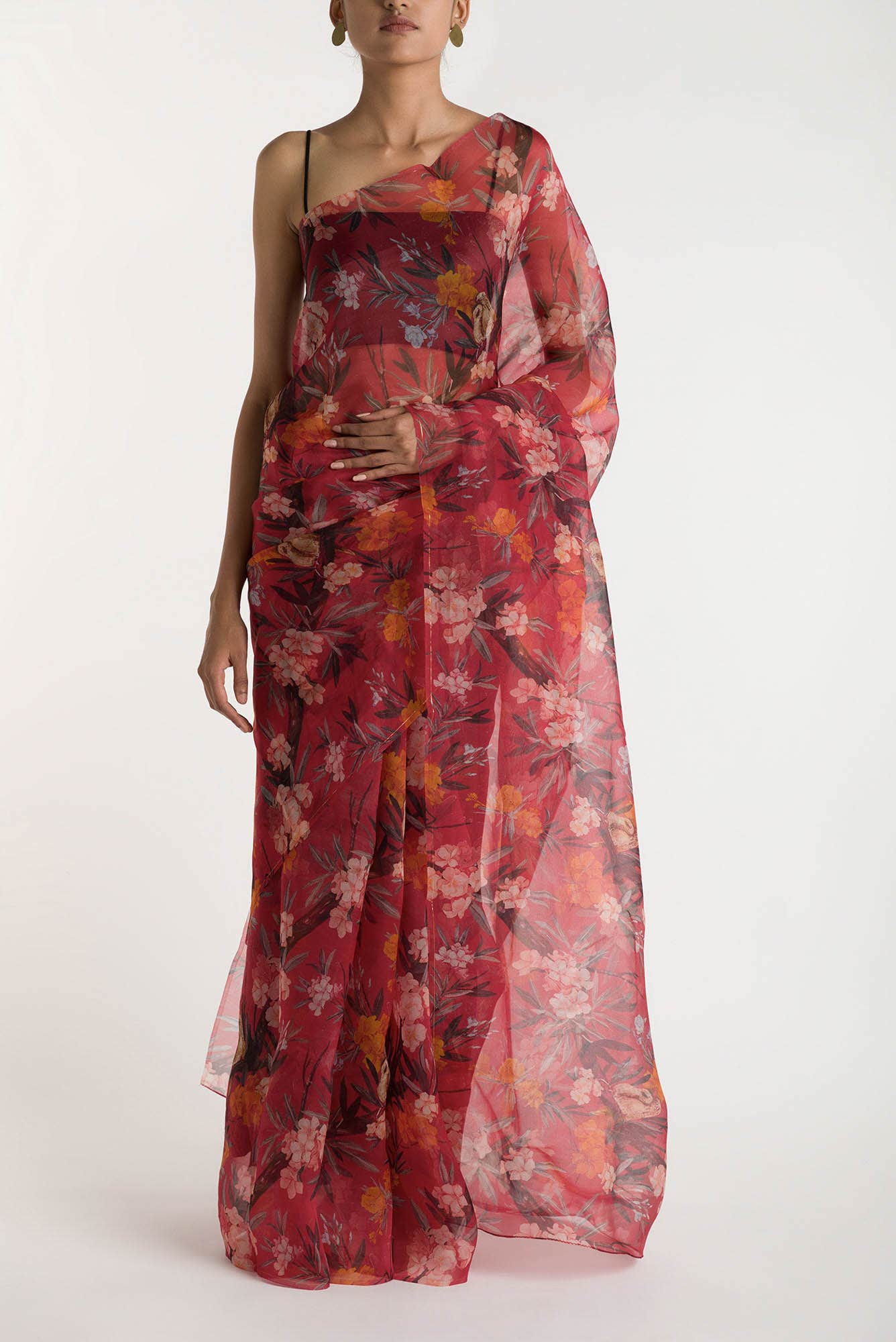 Tropical Parrots Red Pure Organza Silk Saree