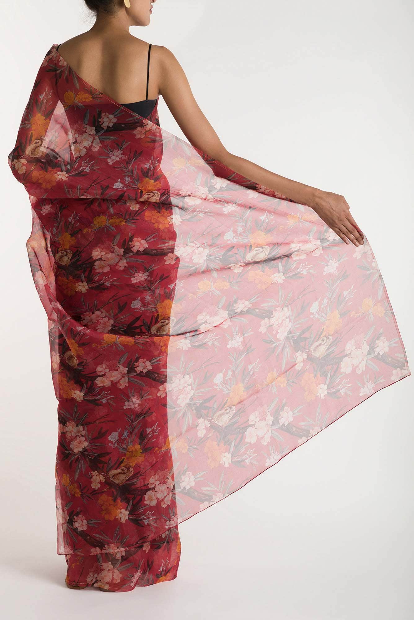 Tropical Parrots Red Pure Organza Silk Saree