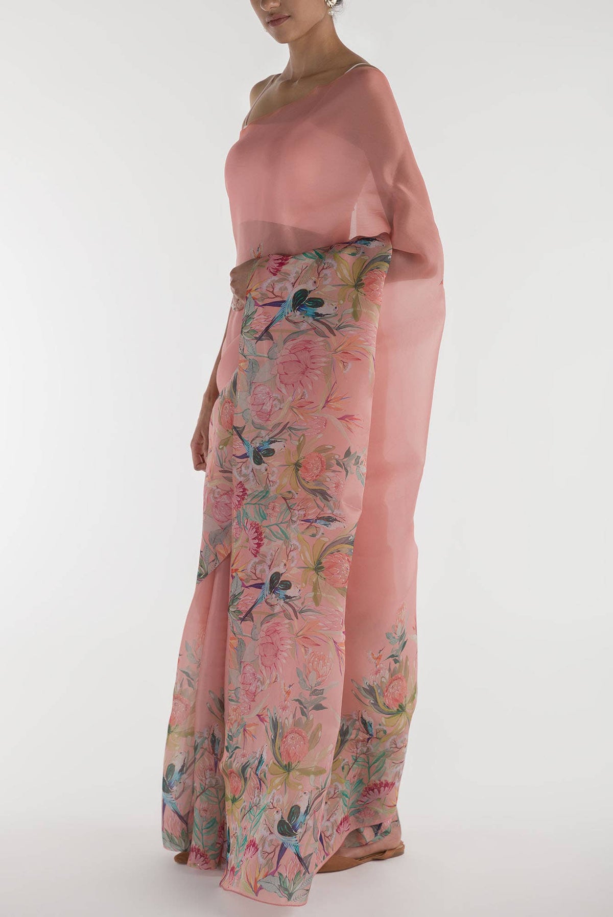 Lovers on the Branch Peach Satin Organza Saree