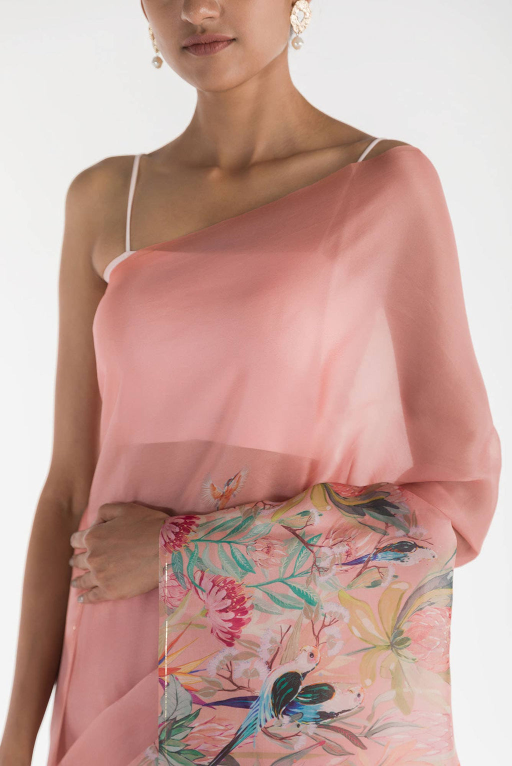 Lovers on the Branch Peach Satin Organza Saree