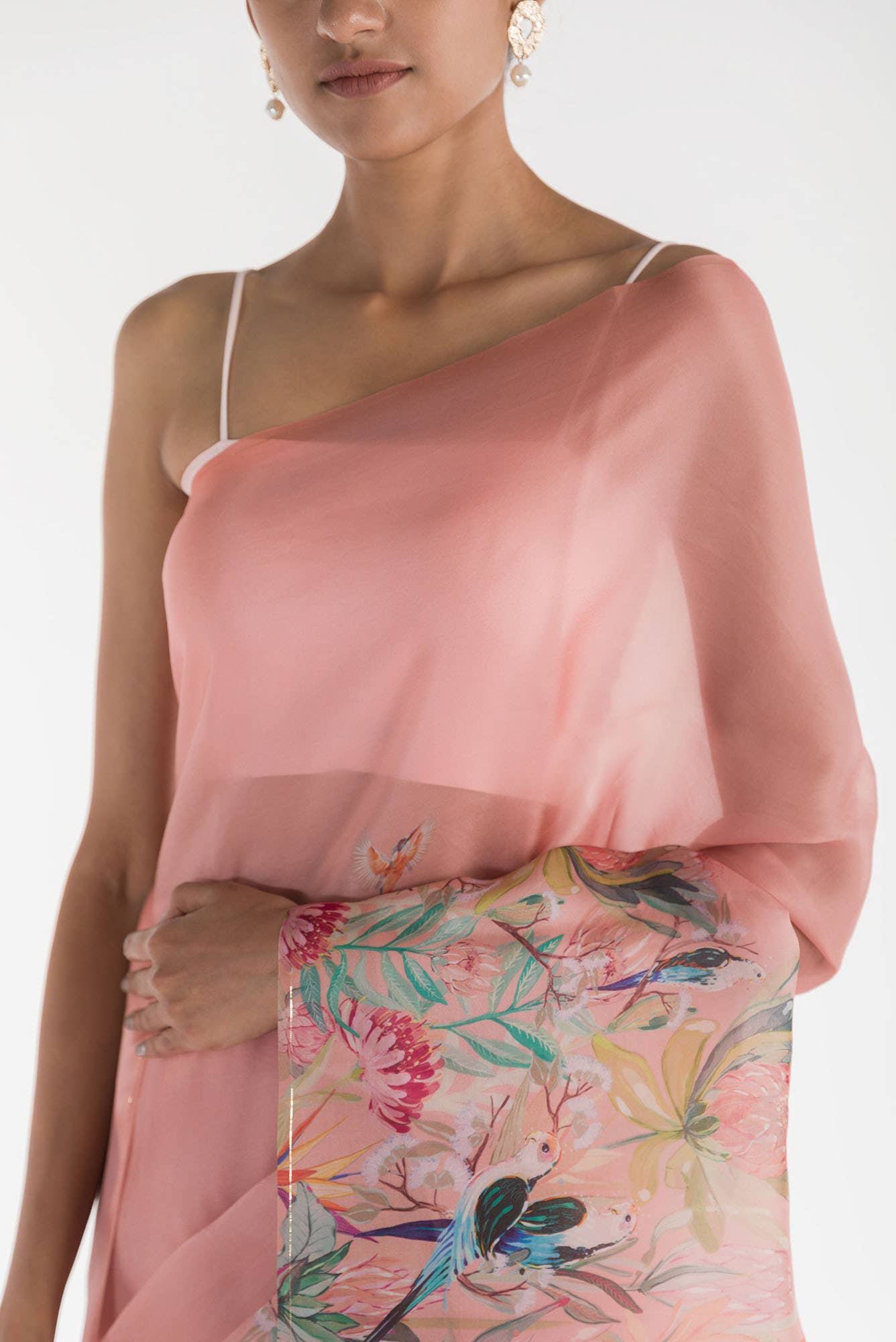 Lovers on the Branch Peach Satin Organza Saree