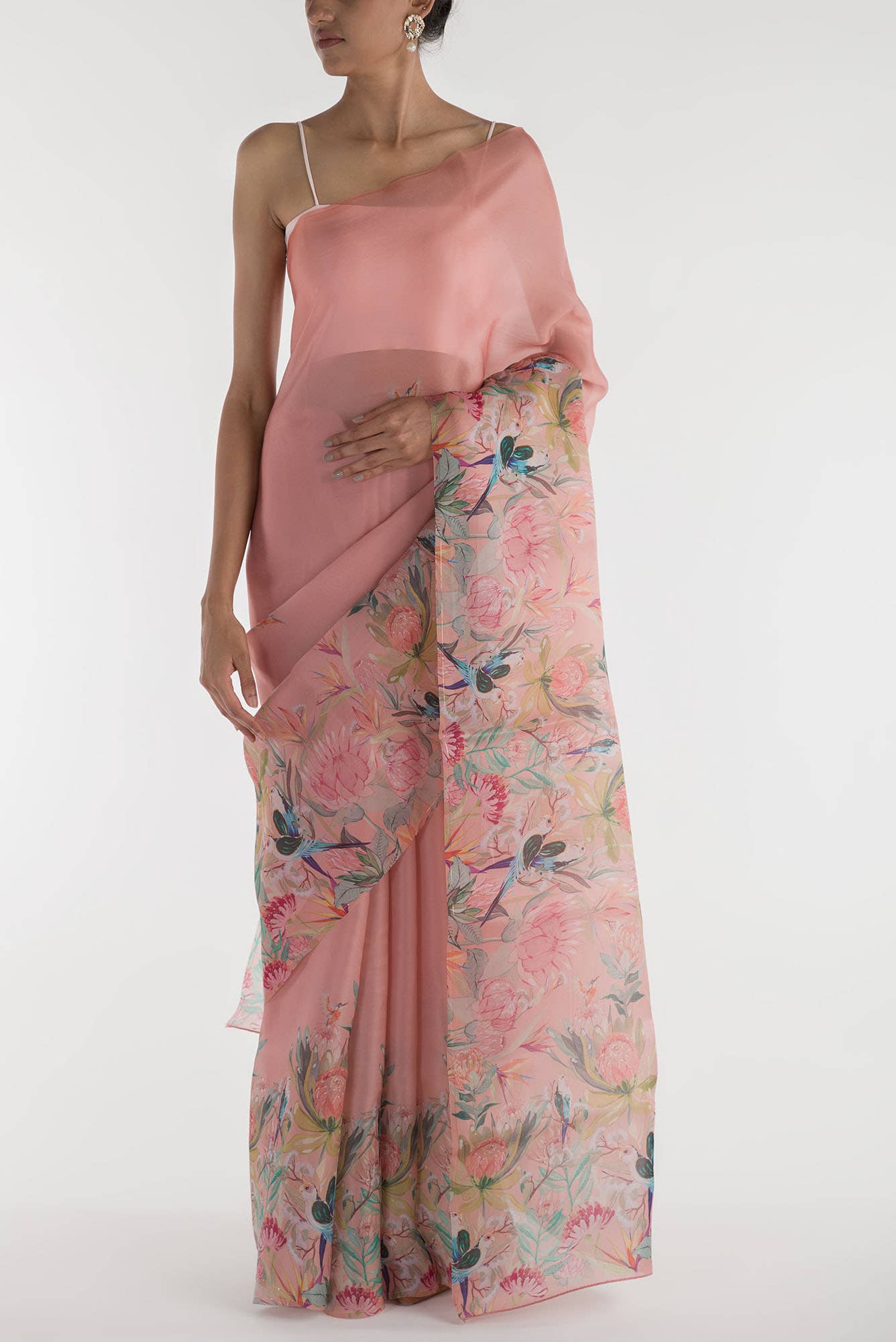 Lovers on the Branch Peach Satin Organza Saree