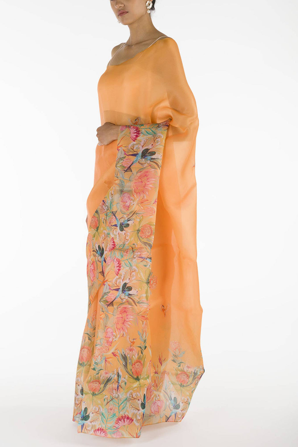 Lovers on the Branch Yellow Satin Organza Saree