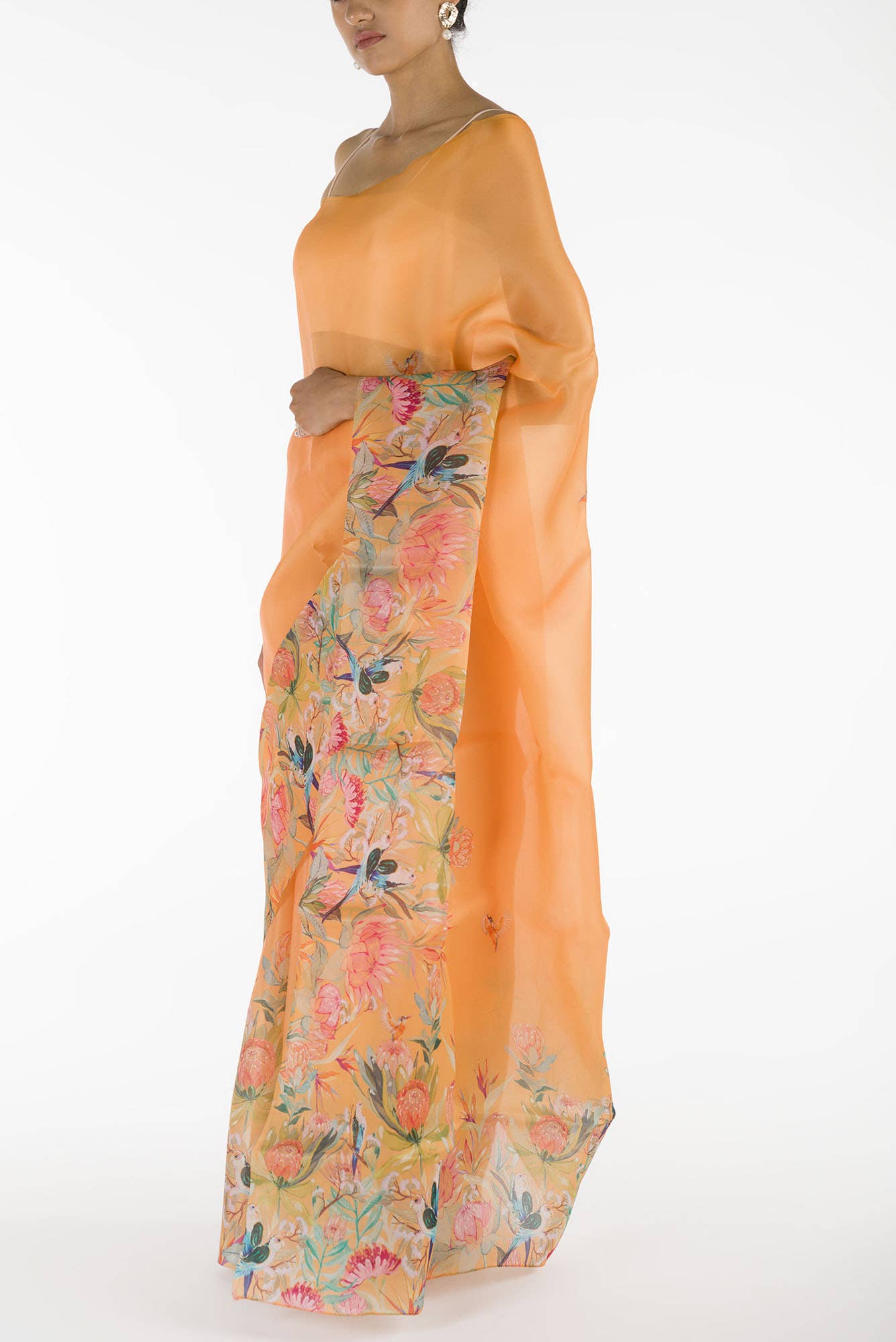 Lovers on the Branch Yellow Satin Organza Saree