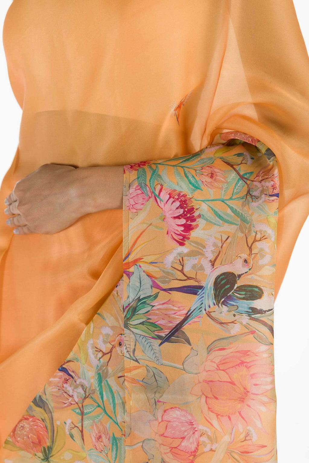 Lovers on the Branch Yellow Satin Organza Saree