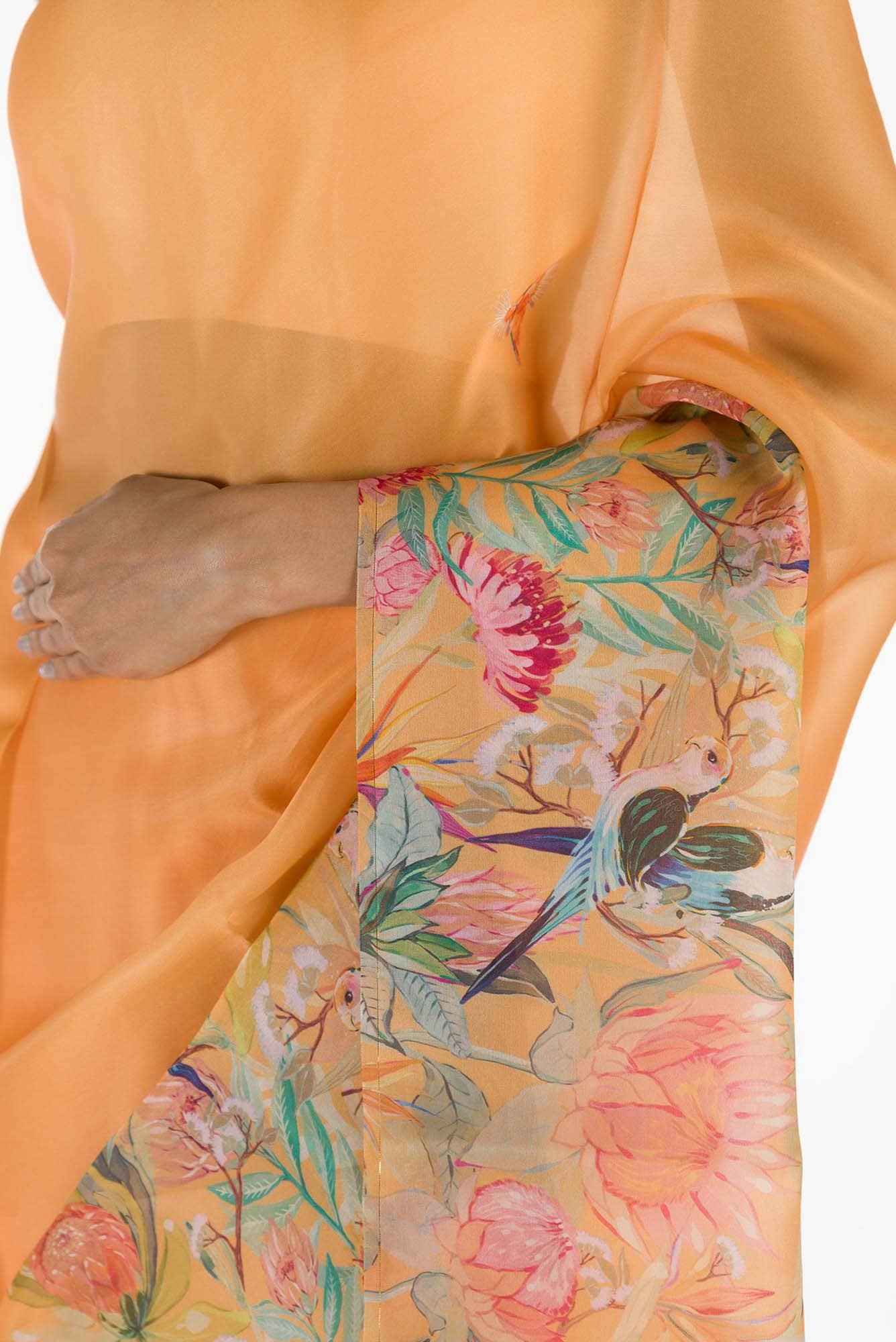 Lovers on the Branch Yellow Satin Organza Saree