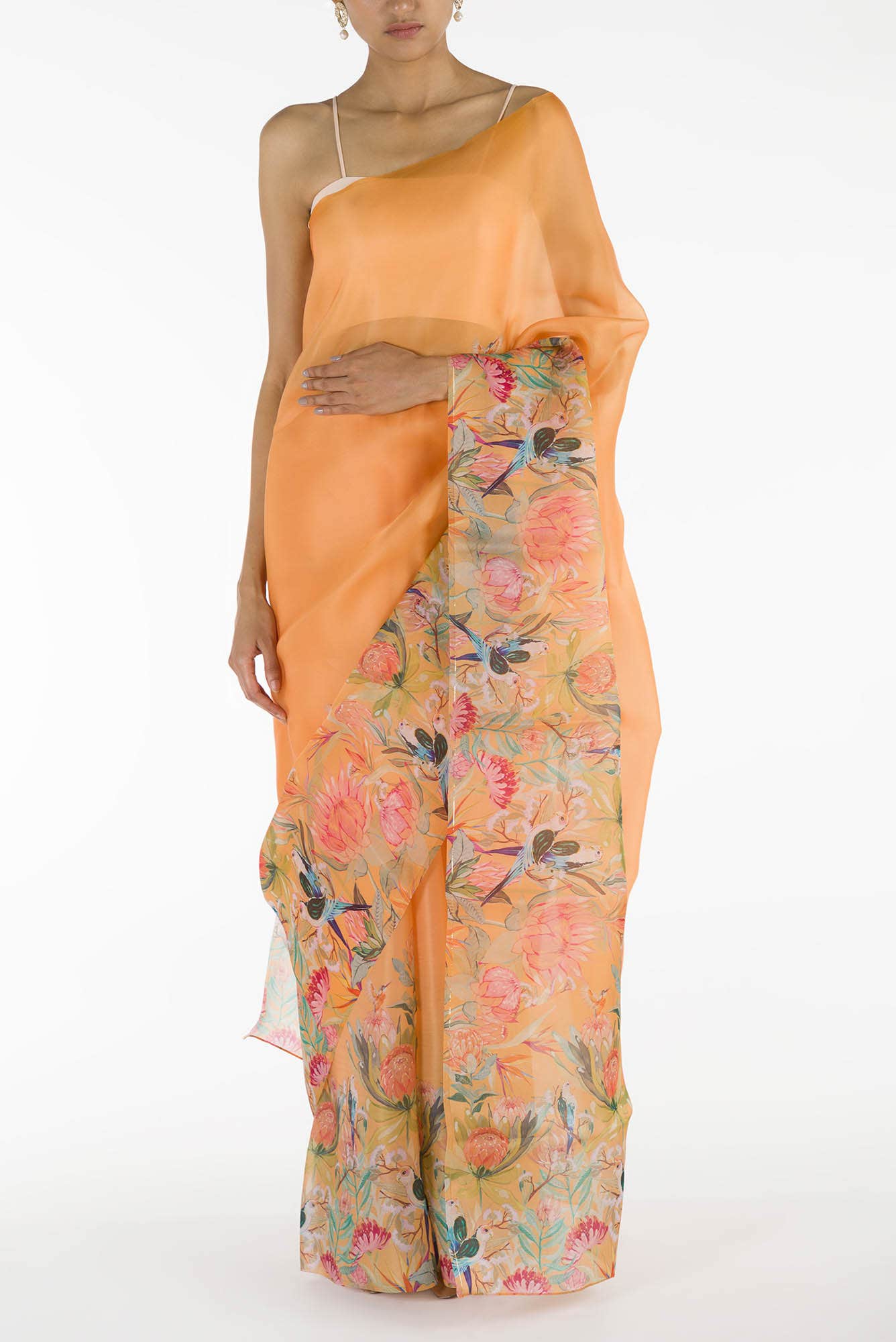 Lovers on the Branch Yellow Satin Organza Saree