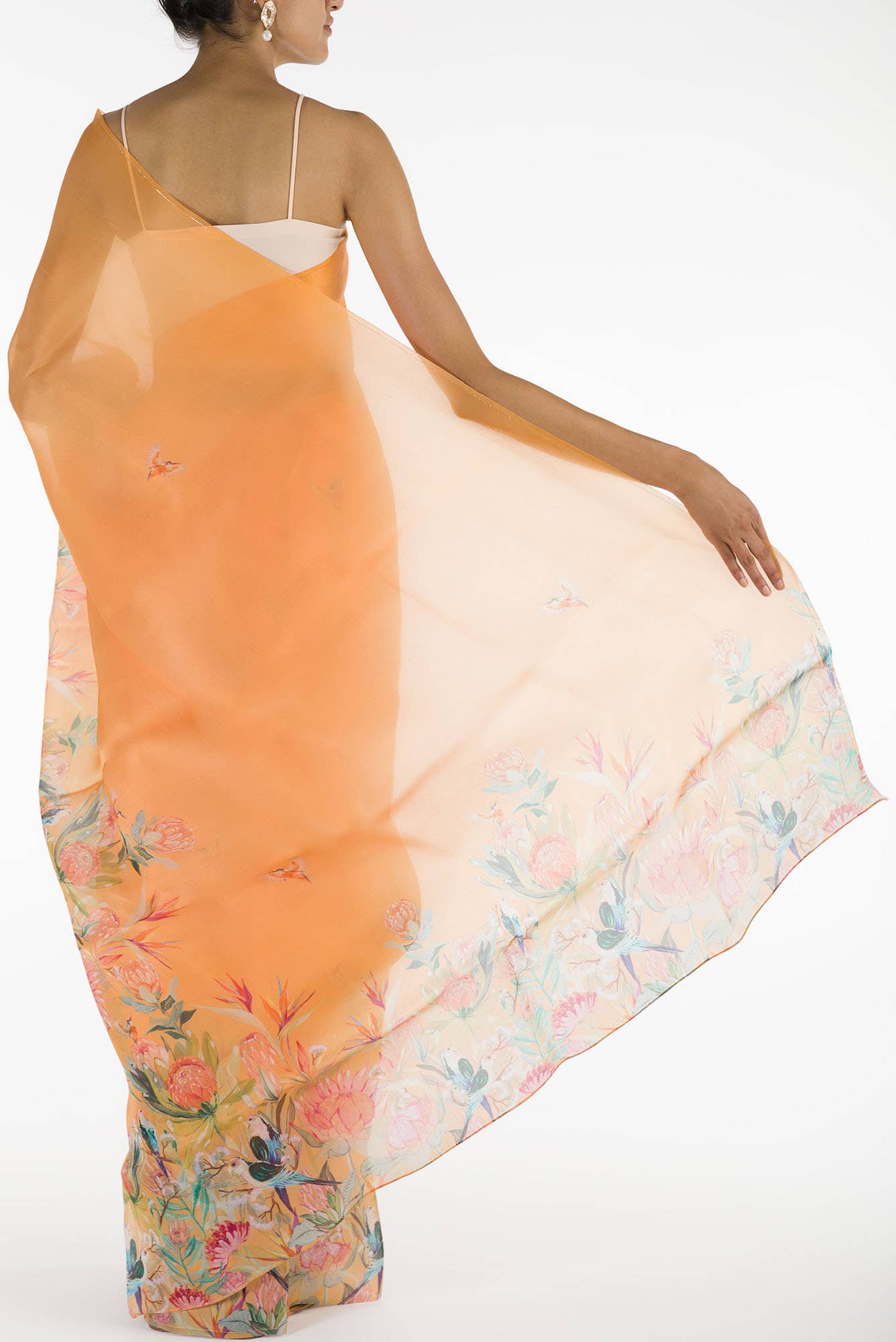 Lovers on the Branch Yellow Satin Organza Saree
