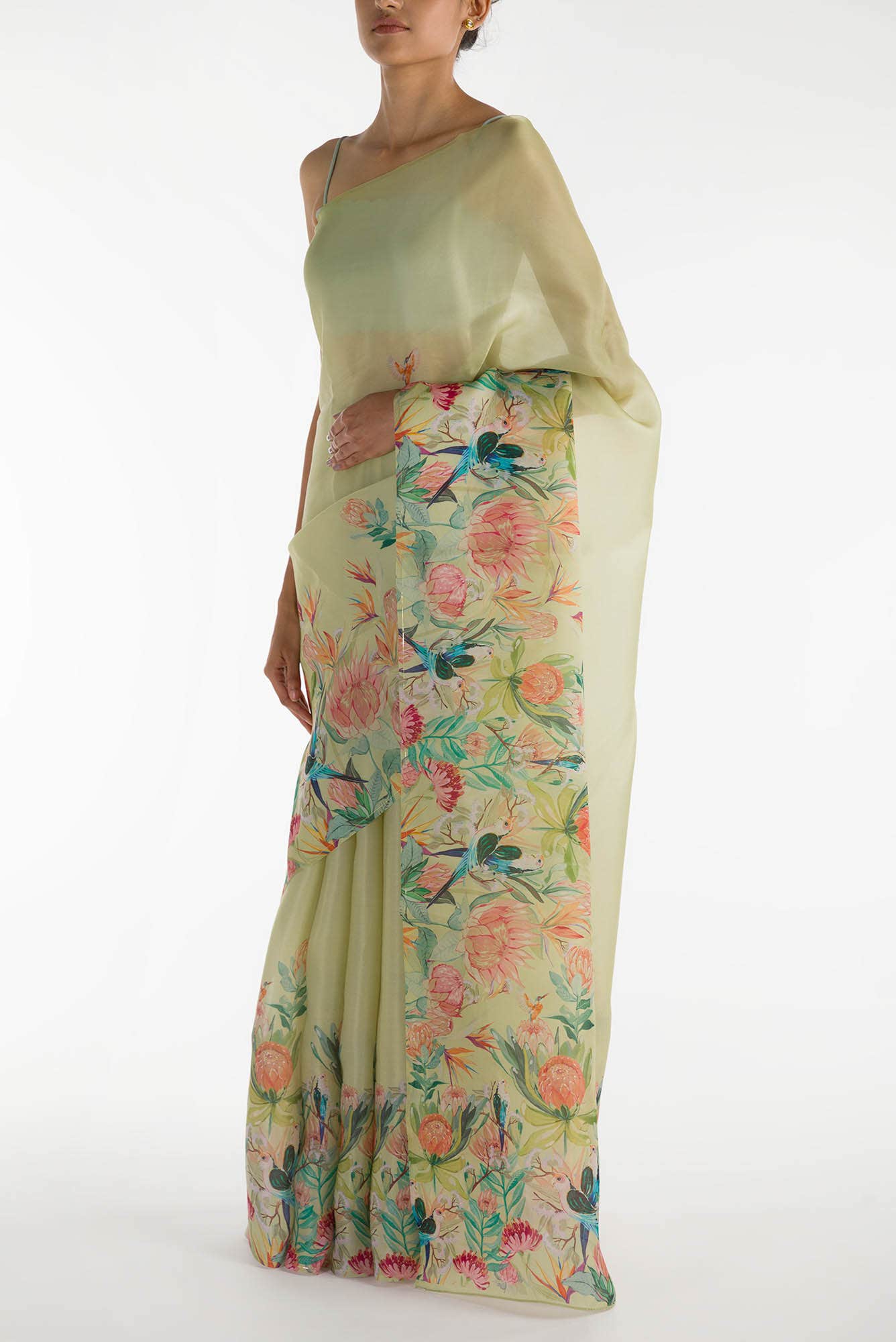 Lovers on the Branch Pista Green Satin Organza Saree