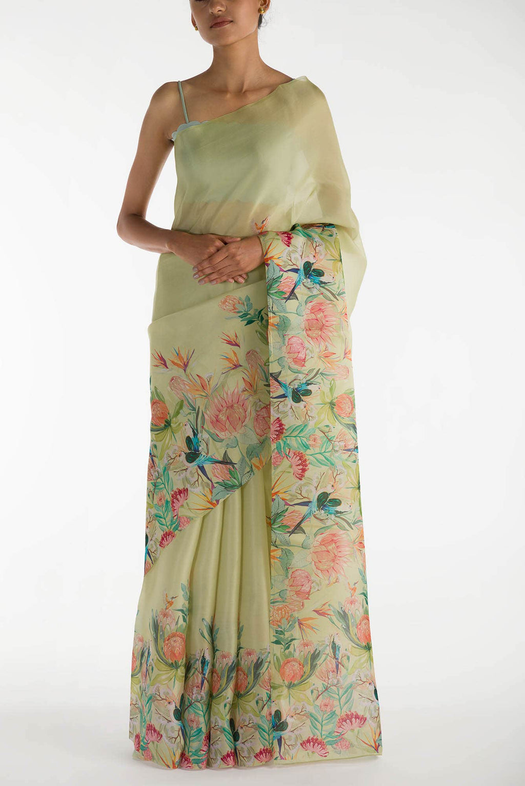 Lovers on the Branch Pista Green Satin Organza Saree