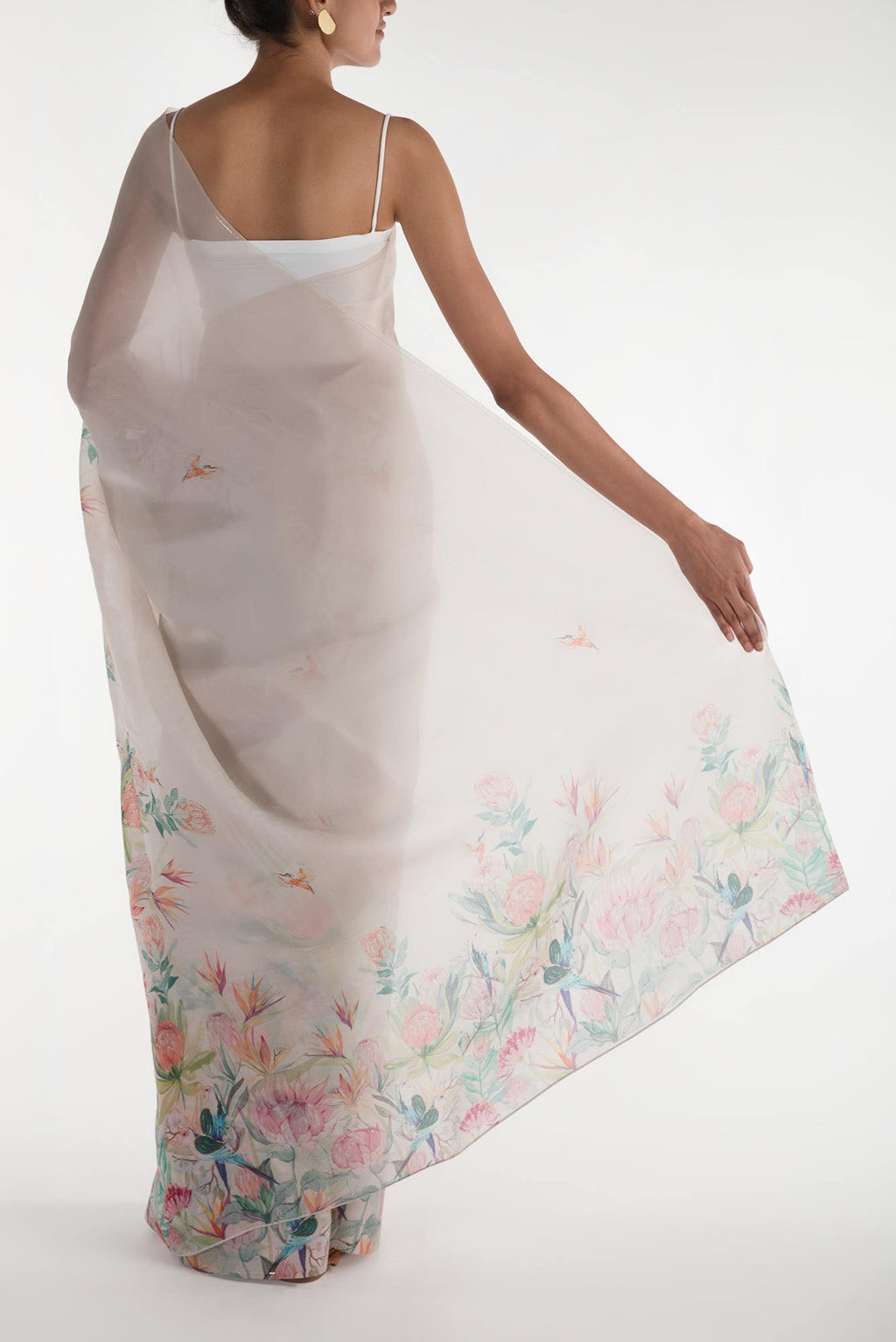 Lovers on the Branch White Satin Organza Saree