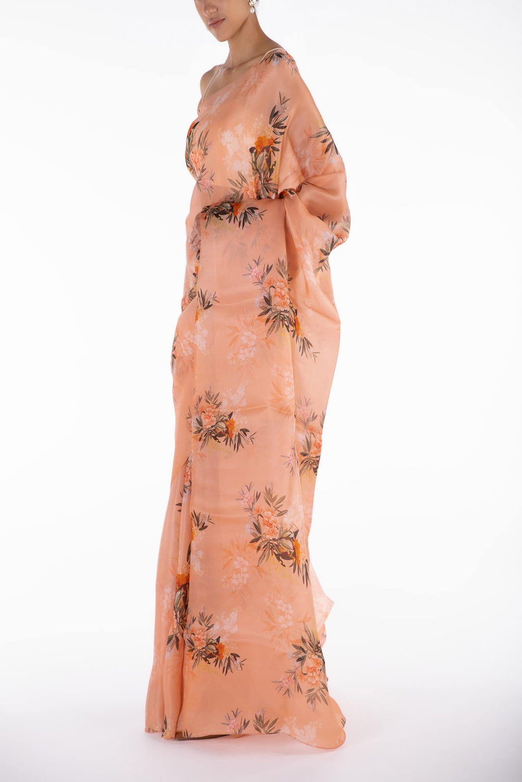 Enigmatic bulbuls Peach Satin Organza Saree
