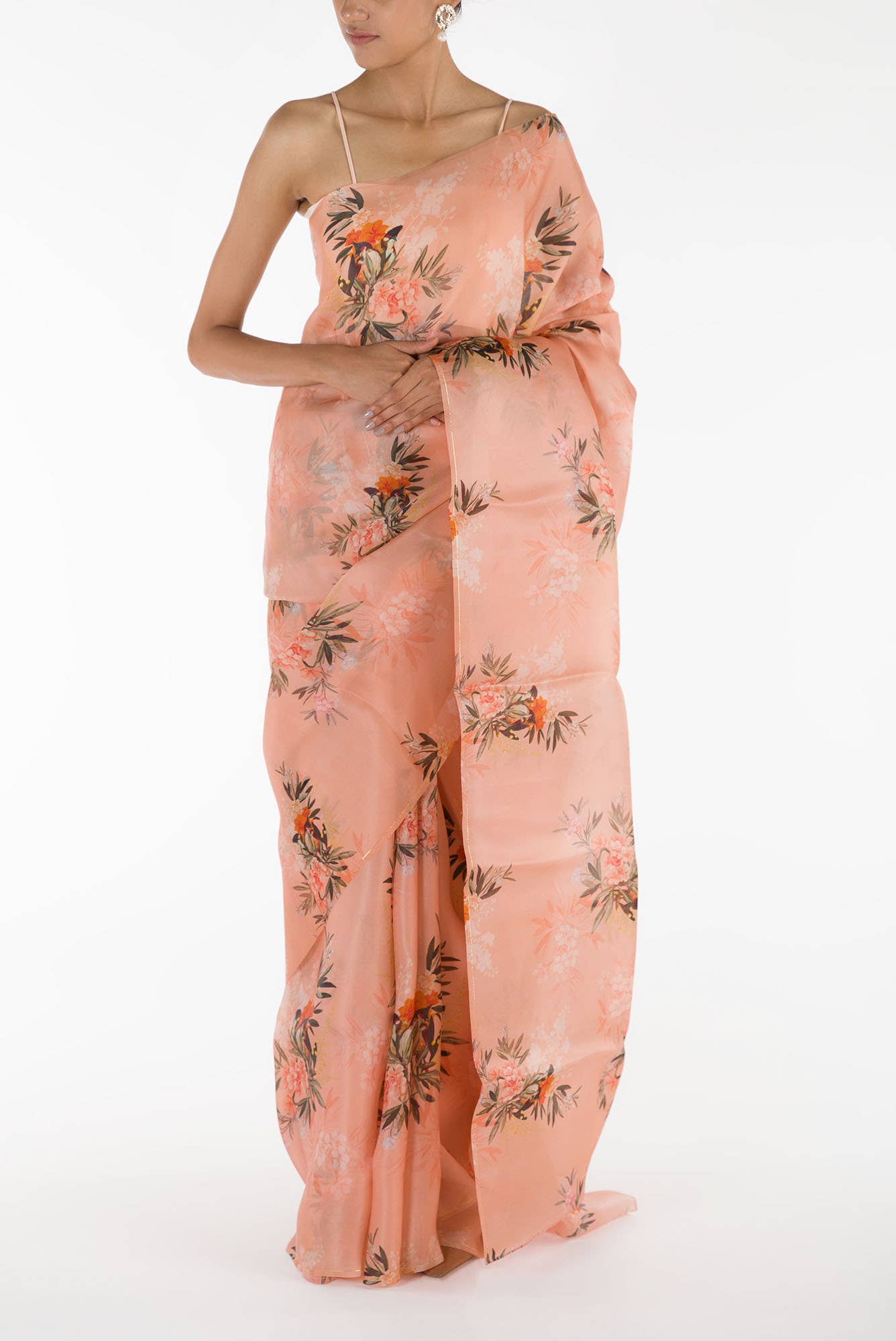 Enigmatic bulbuls Peach Satin Organza Saree