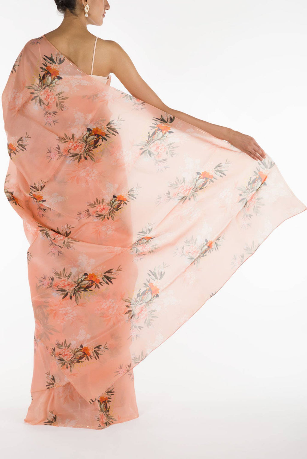 Enigmatic bulbuls Peach Satin Organza Saree