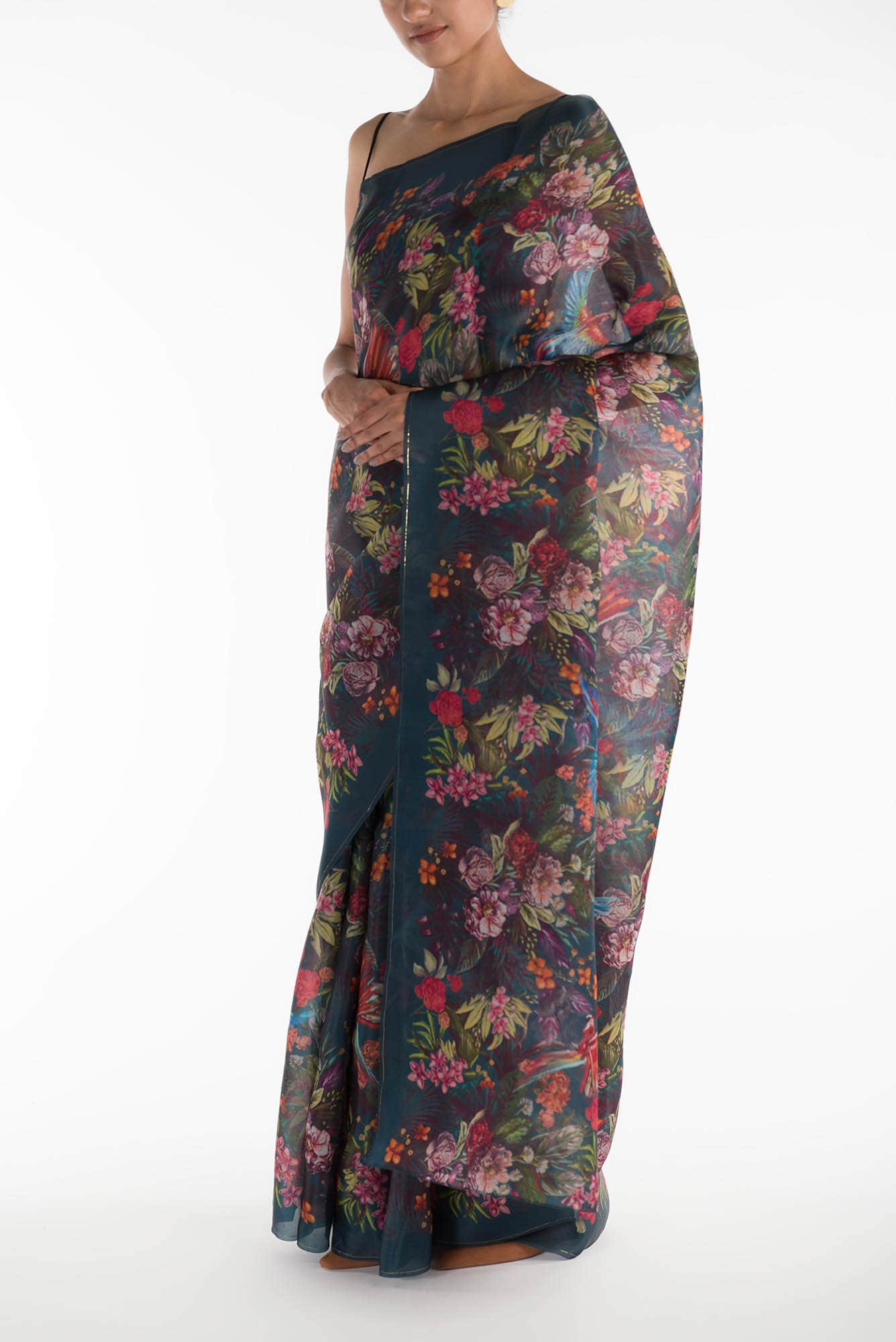 Hyacinth Macaws Teal Satin Organza Saree