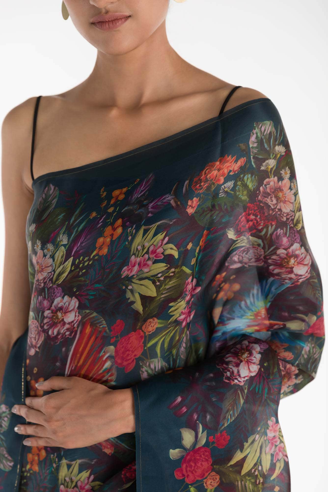 Hyacinth Macaws Teal Satin Organza Saree