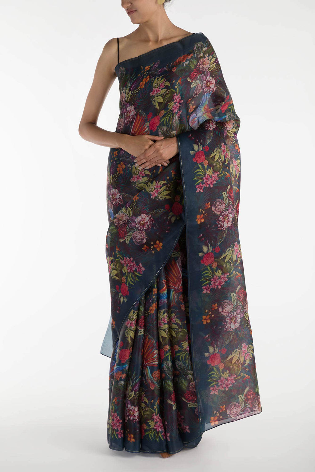 Hyacinth Macaws Teal Satin Organza Saree
