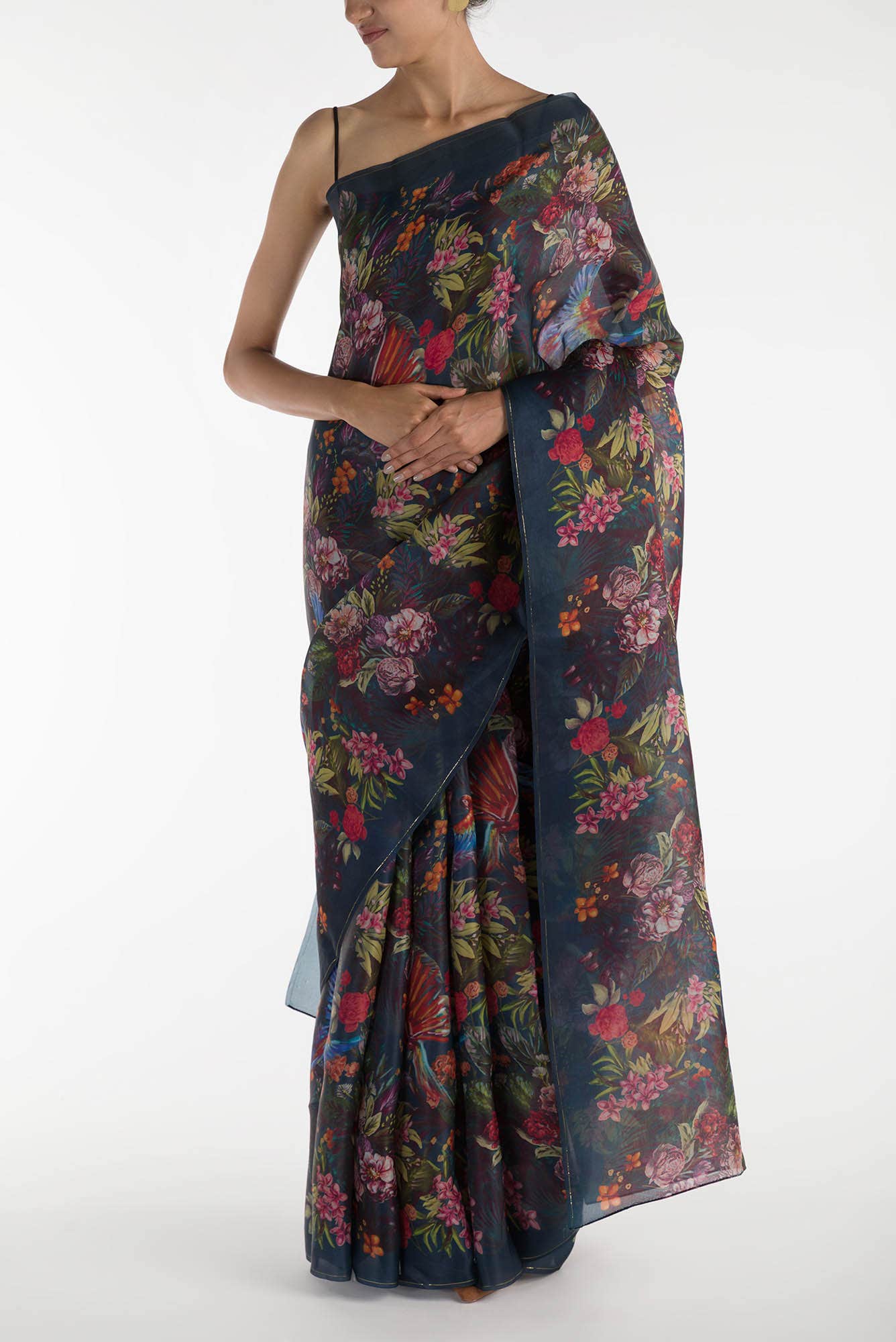 Hyacinth Macaws Teal Satin Organza Saree
