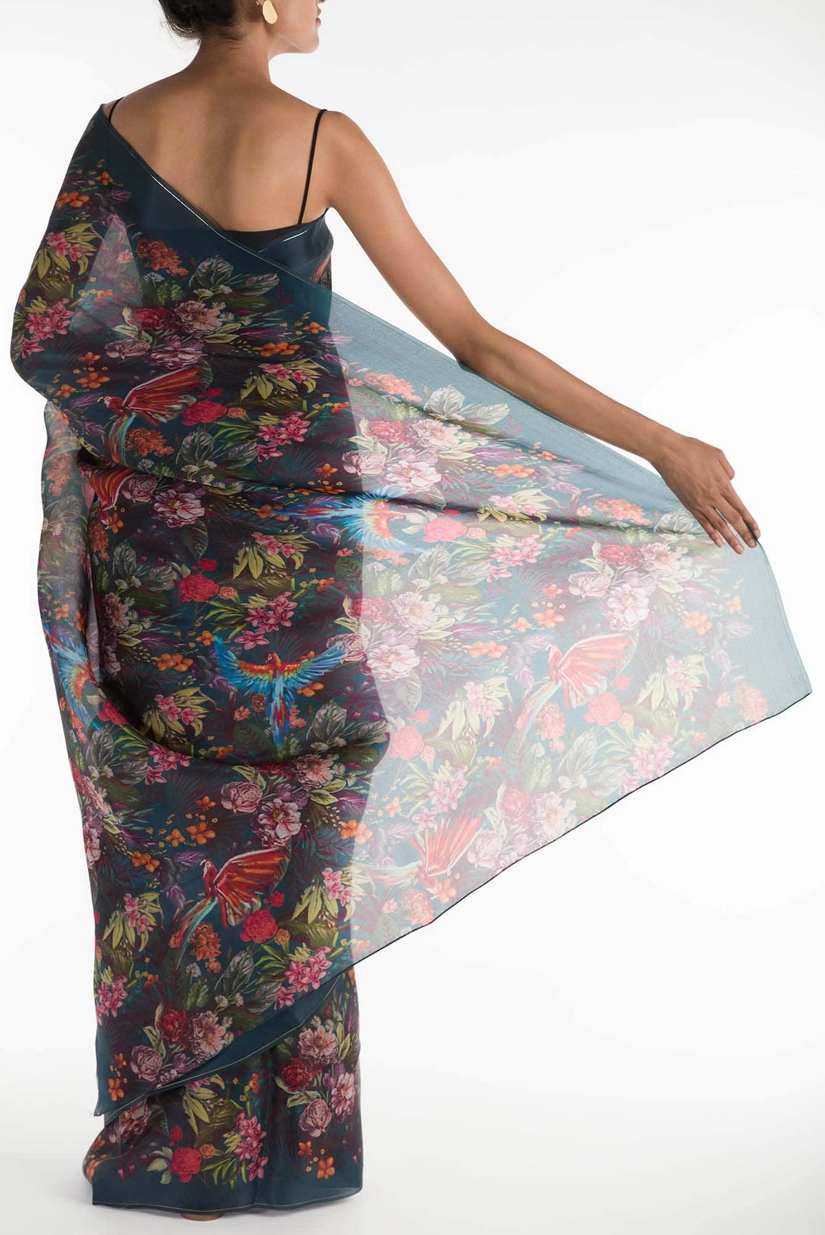 Hyacinth Macaws Teal Satin Organza Saree