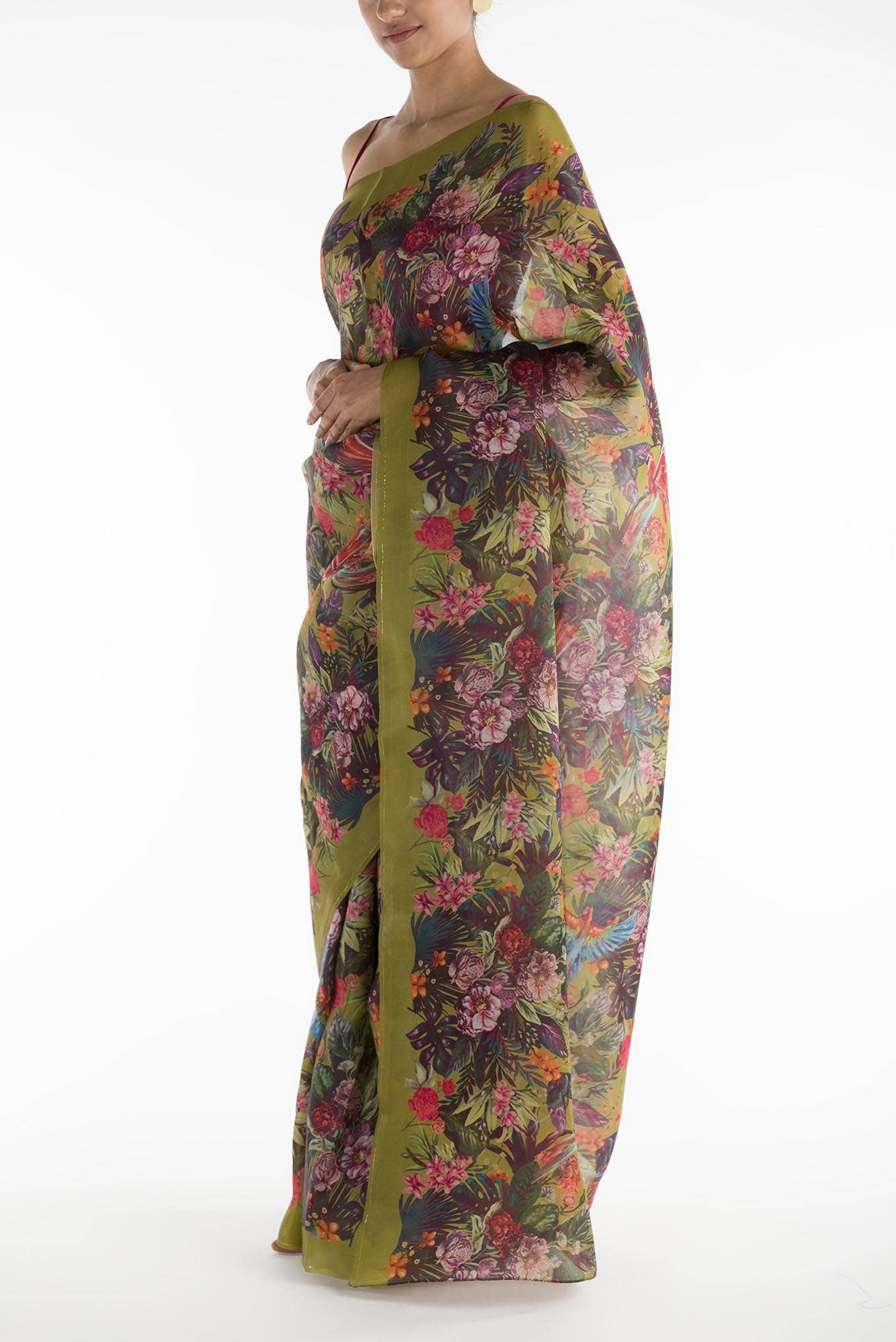 Hyacinth Macaws Olive Green Satin Organza Saree