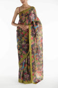 Hyacinth Macaws Olive Green Satin Organza Saree