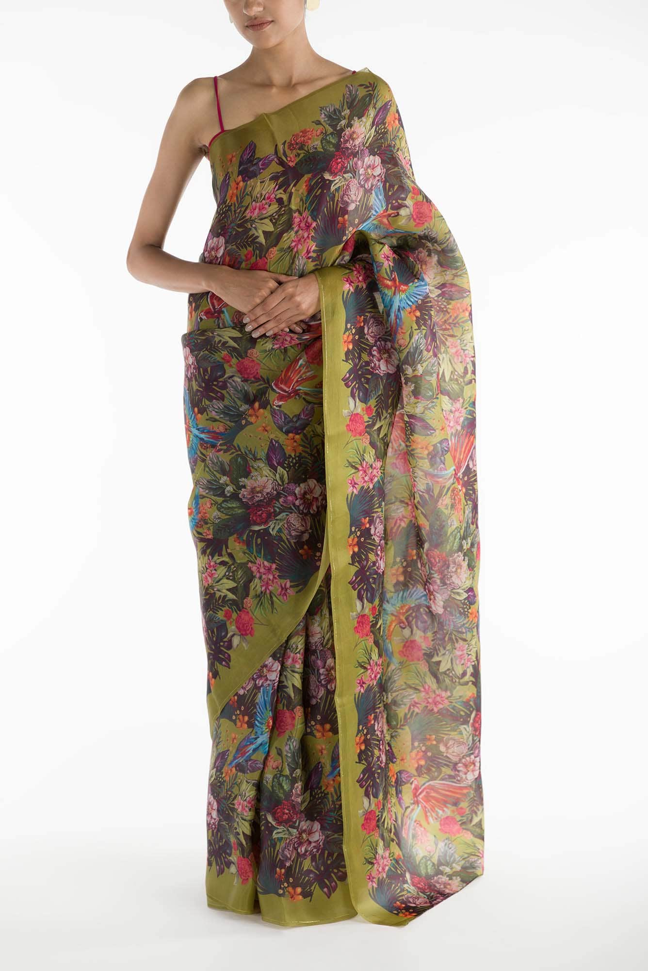Hyacinth Macaws Olive Green Satin Organza Saree