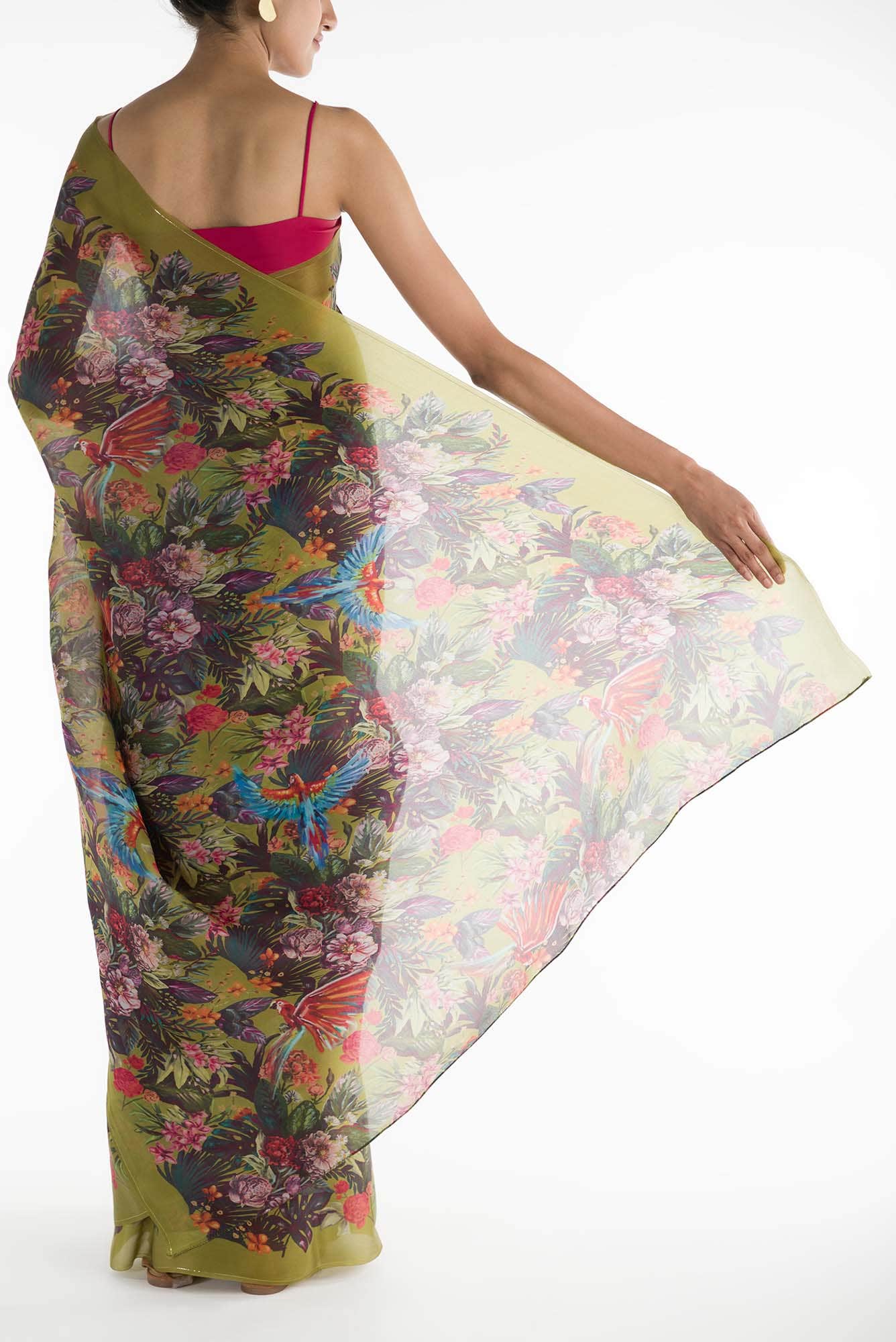 Hyacinth Macaws Olive Green Satin Organza Saree