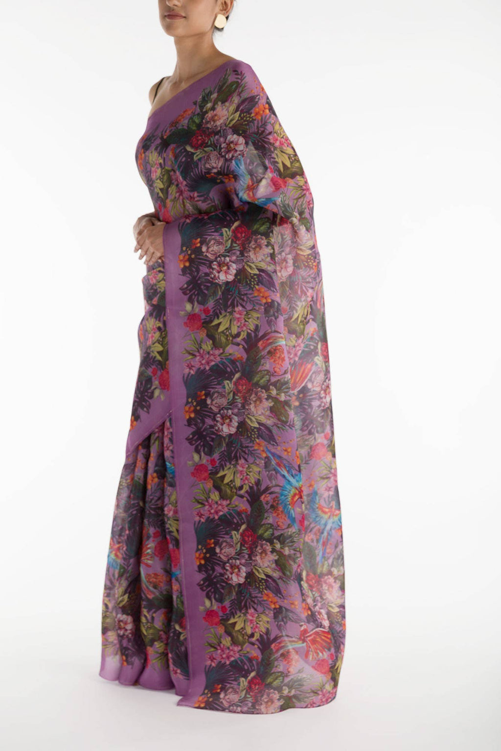 Hyacinth Macaws Deep Lilac Satin Organza Saree
