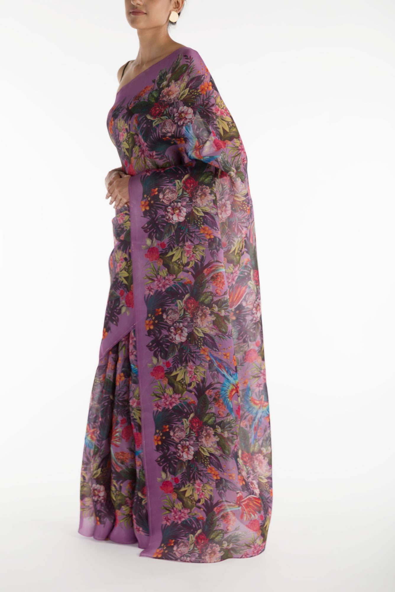 Hyacinth Macaws Deep Lilac Satin Organza Saree