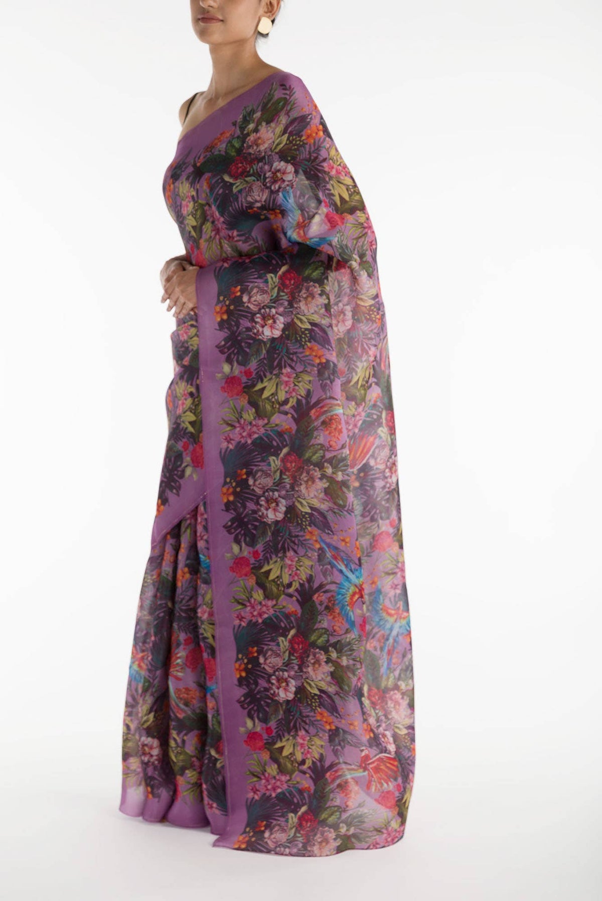Hyacinth Macaws Deep Lilac Satin Organza Saree