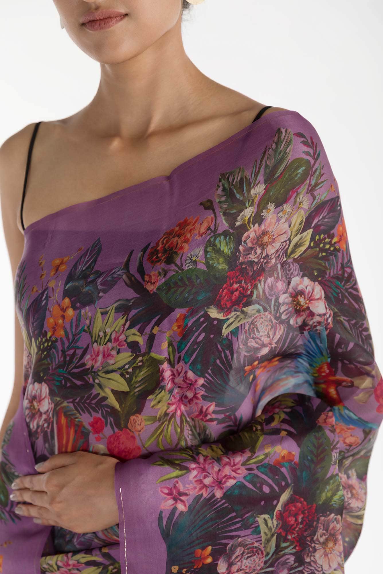 Hyacinth Macaws Deep Lilac Satin Organza Saree