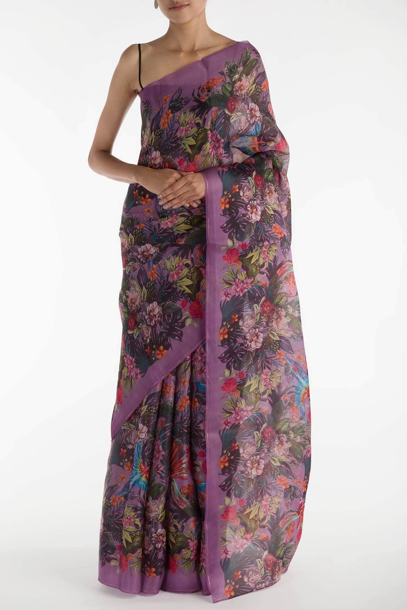 Hyacinth Macaws Deep Lilac Satin Organza Saree
