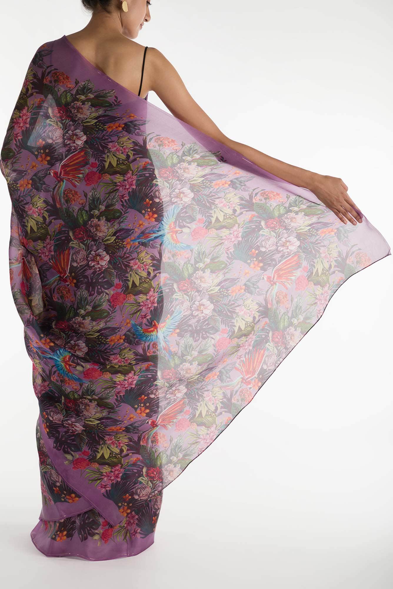 Hyacinth Macaws Deep Lilac Satin Organza Saree