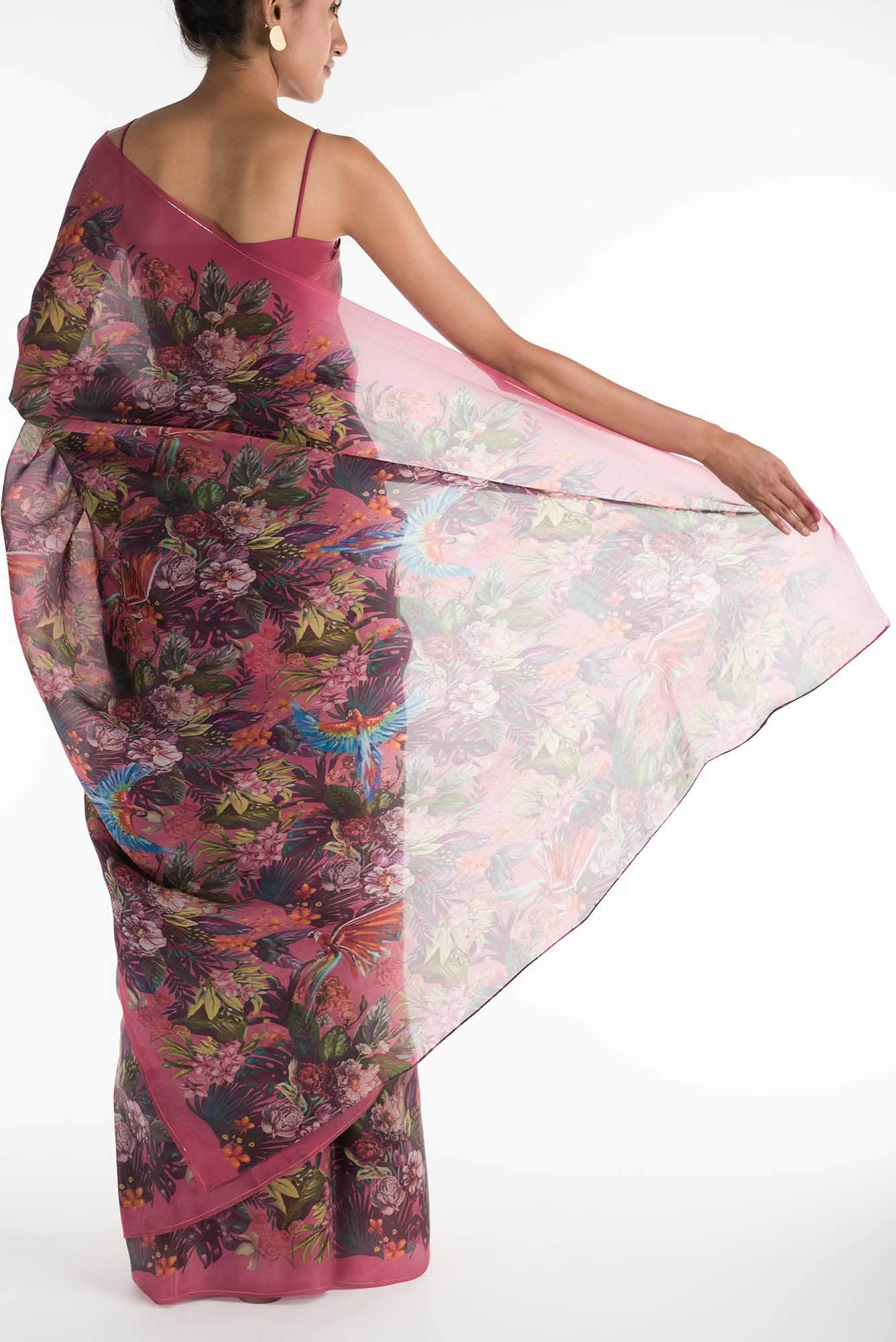 Hyacinth Macaws Dark Pink Satin Organza Saree