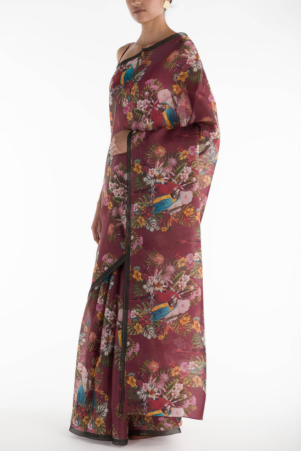Lover Macaws Red Satin Organza Saree