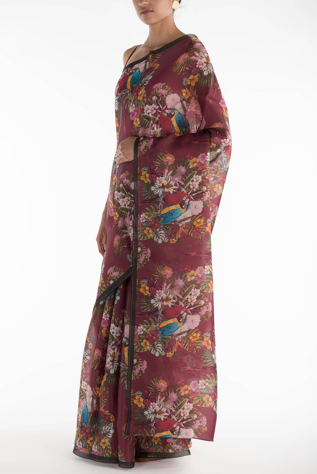 Lover Macaws Red Satin Organza Saree