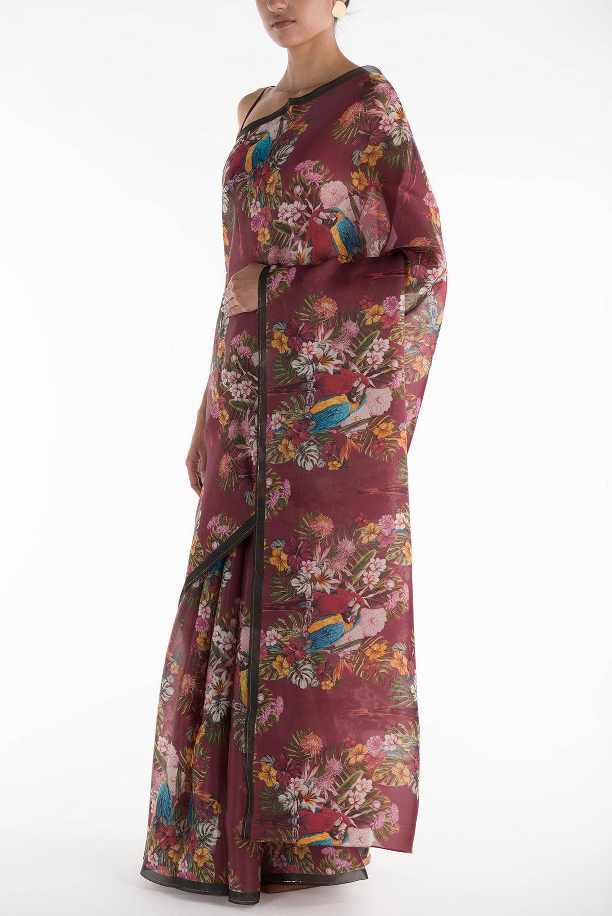 Lover Macaws Red Satin Organza Saree
