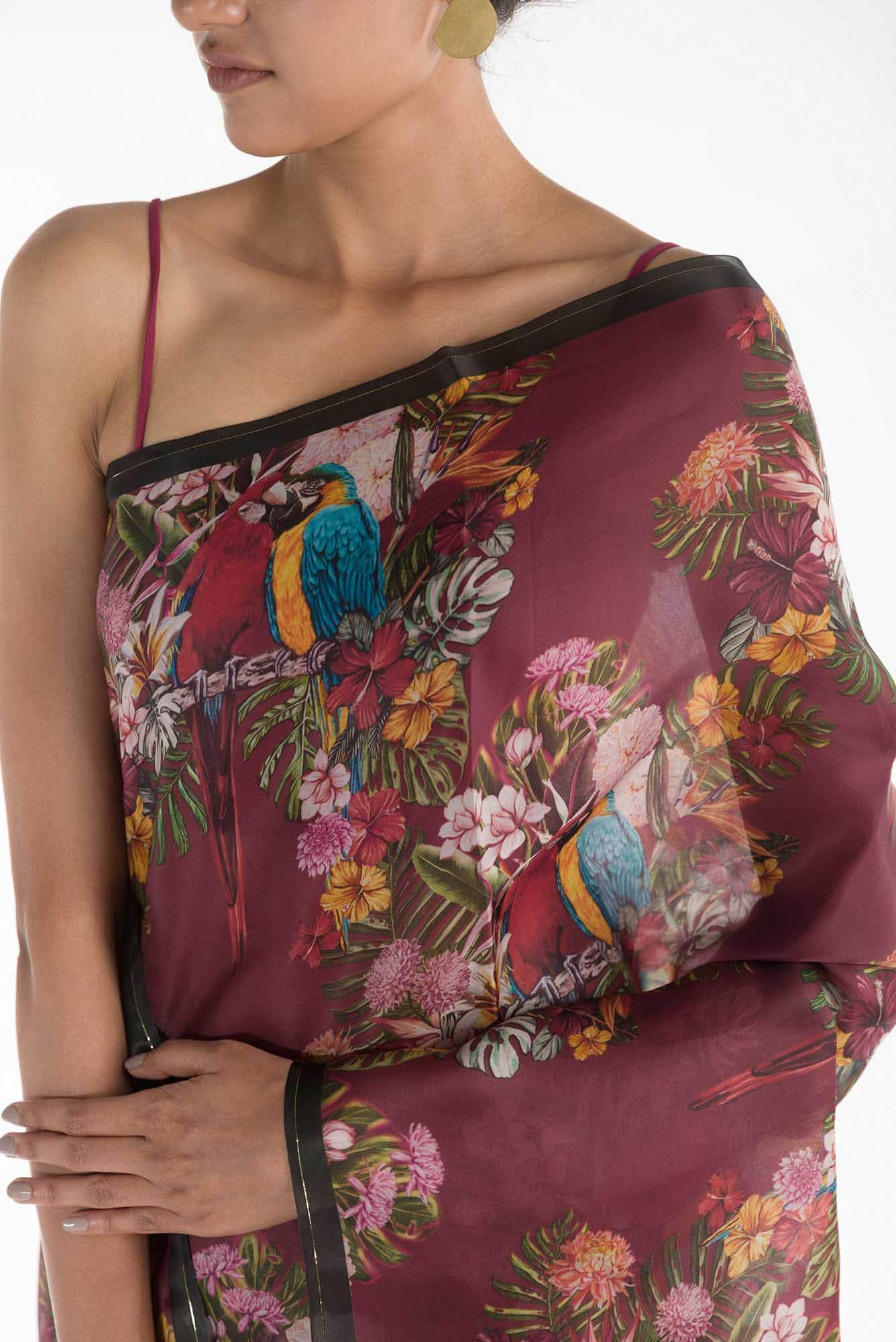 Lover Macaws Red Satin Organza Saree