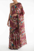 Lover Macaws Red Satin Organza Saree