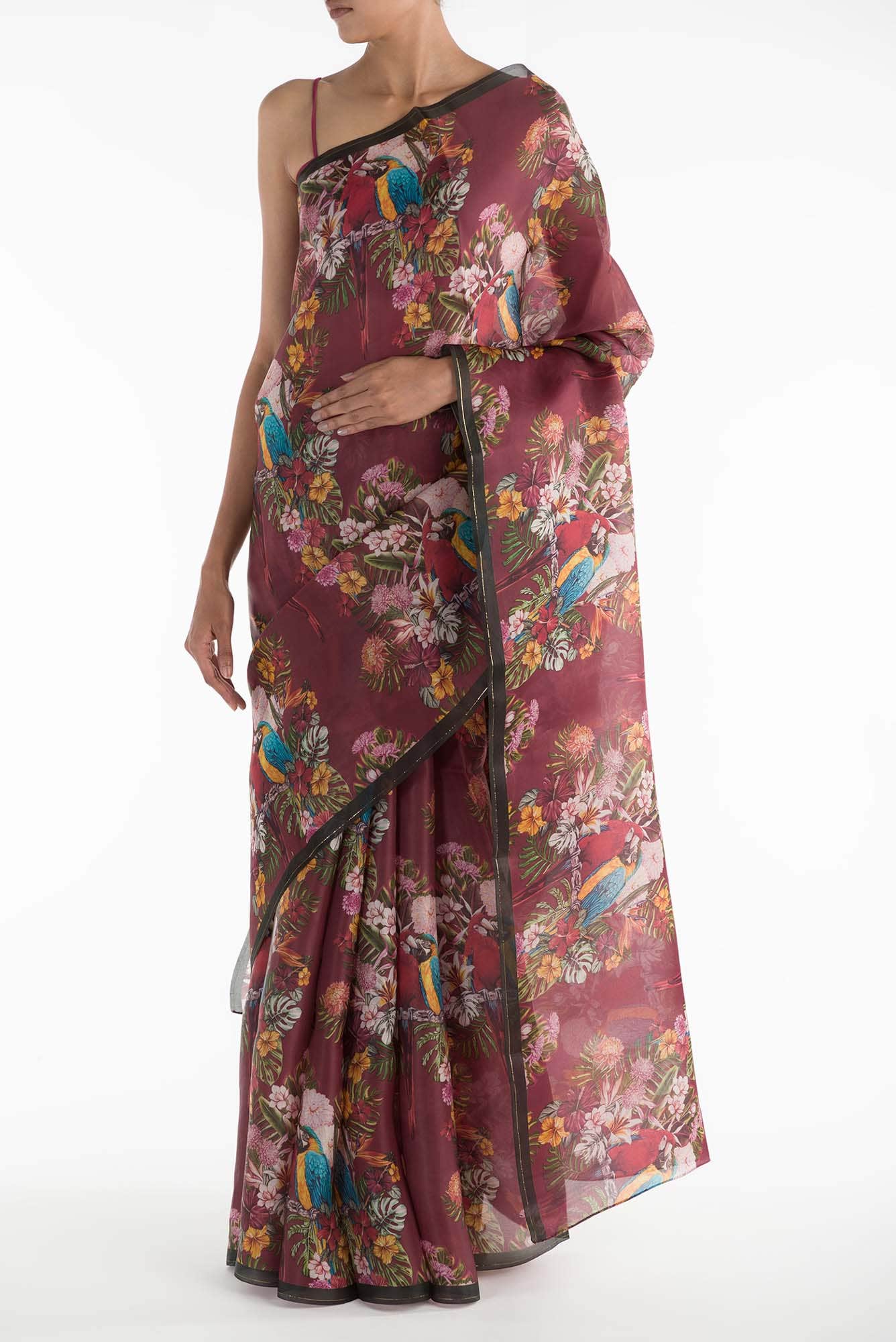 Lover Macaws Red Satin Organza Saree