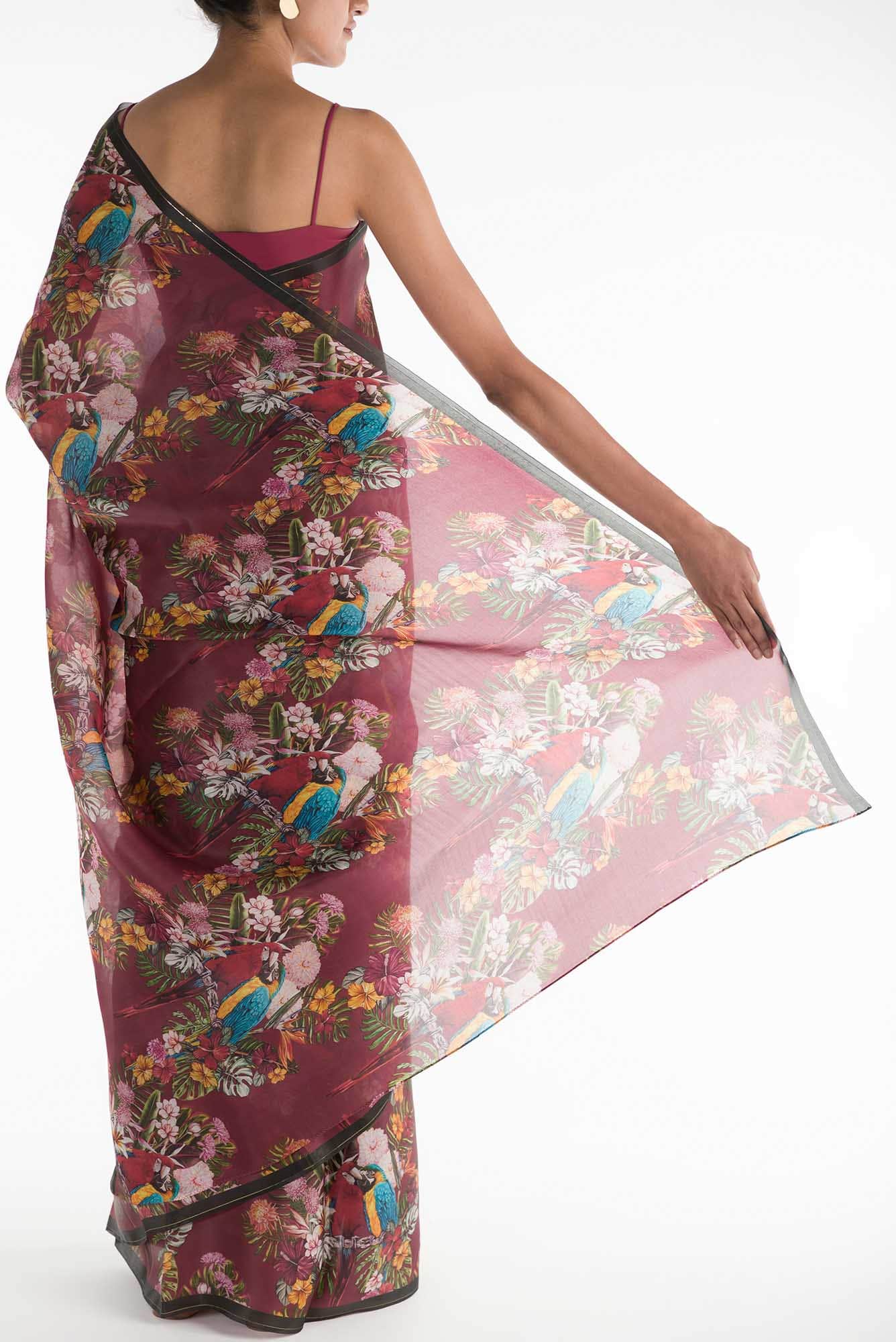 Lover Macaws Red Satin Organza Saree