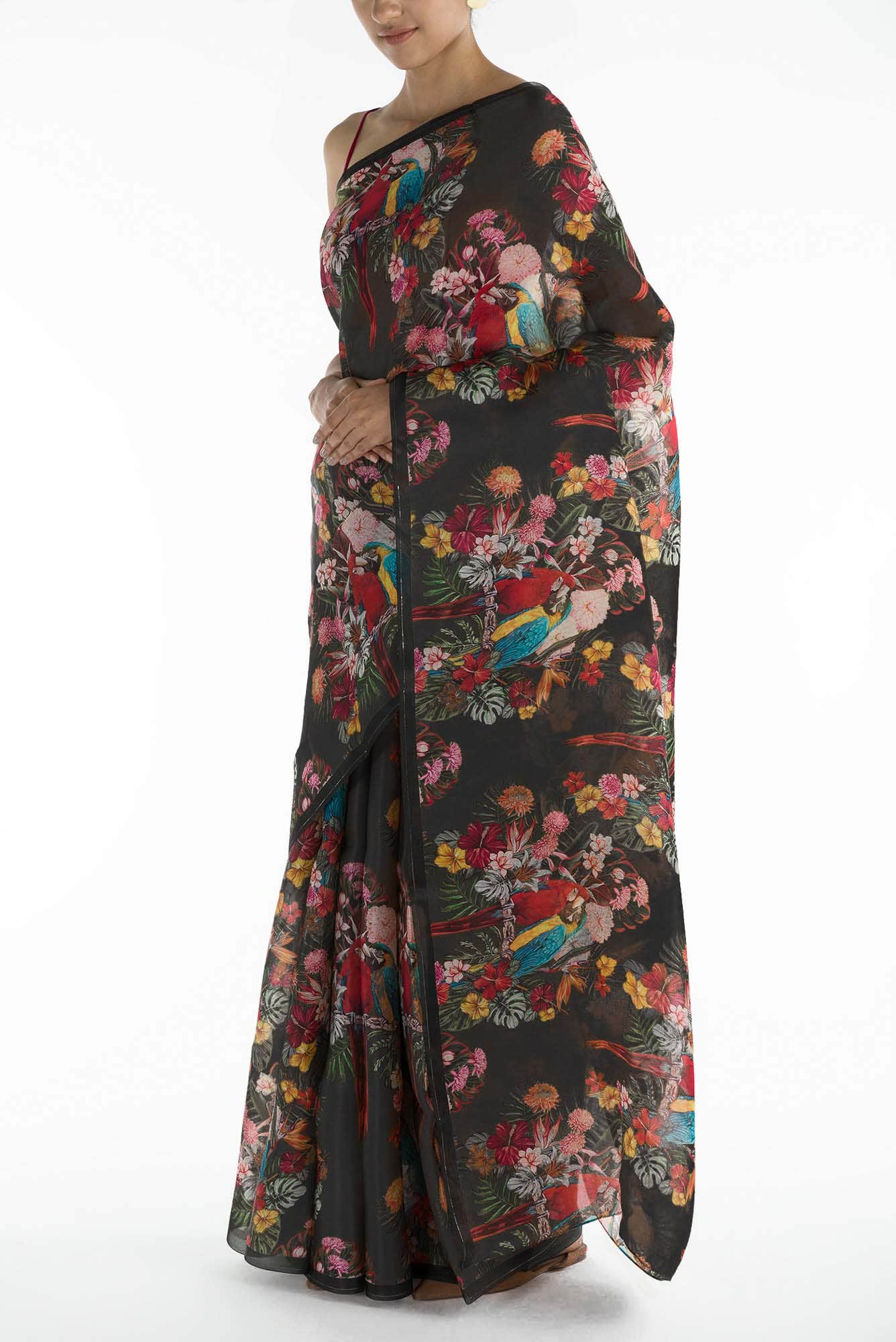 Lover Macaws Dark Teal Satin Organza Saree