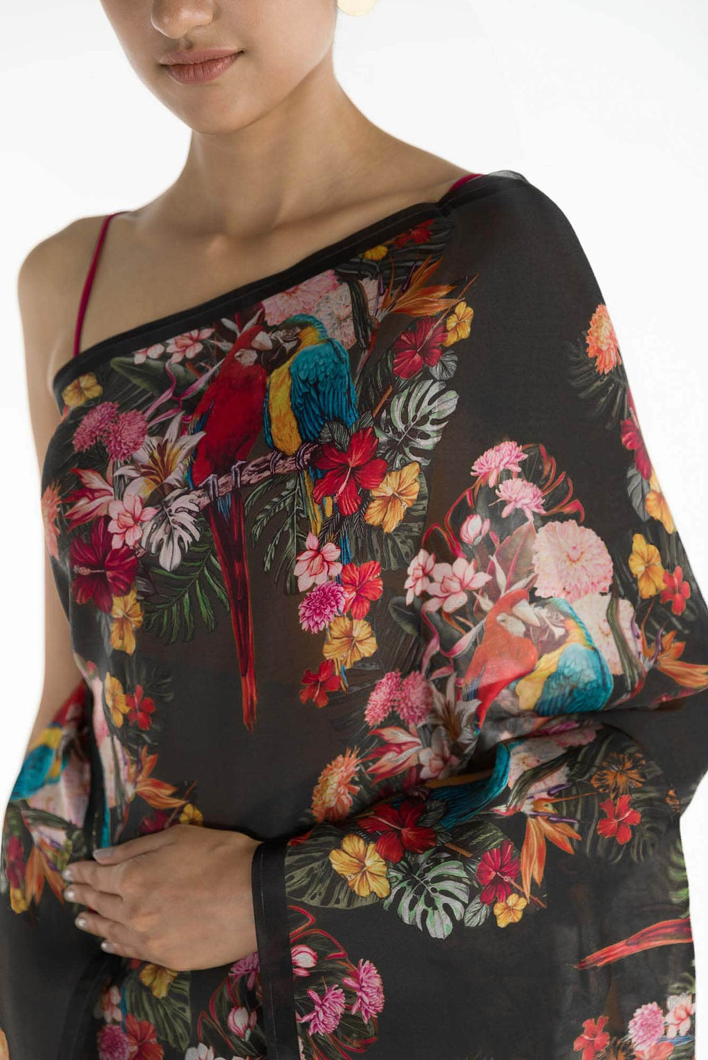 Lover Macaws Dark Teal Satin Organza Saree