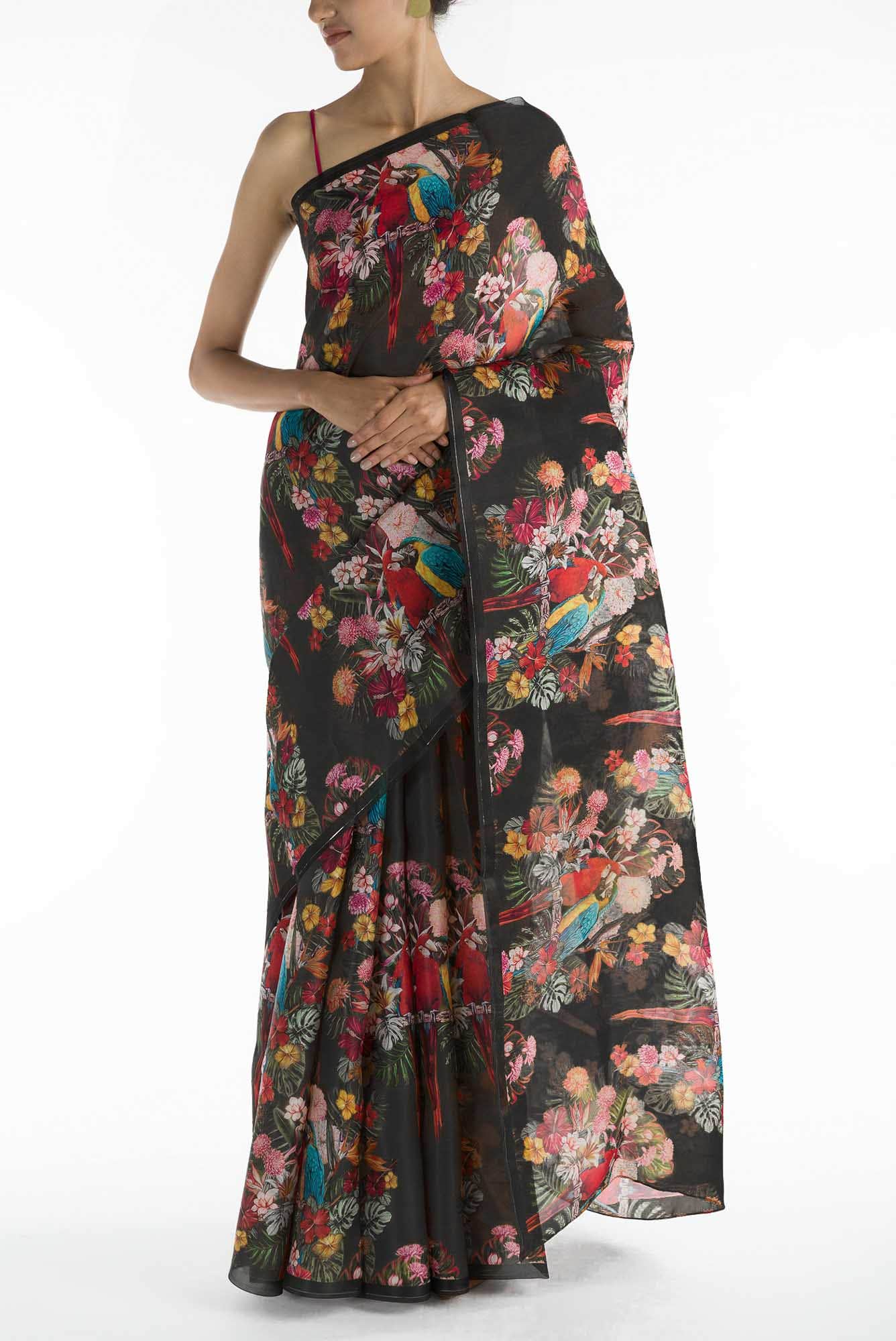 Lover Macaws Dark Teal Satin Organza Saree