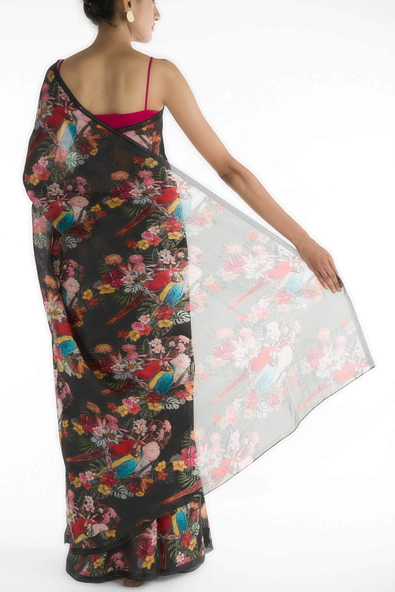 Lover Macaws Dark Teal Satin Organza Saree