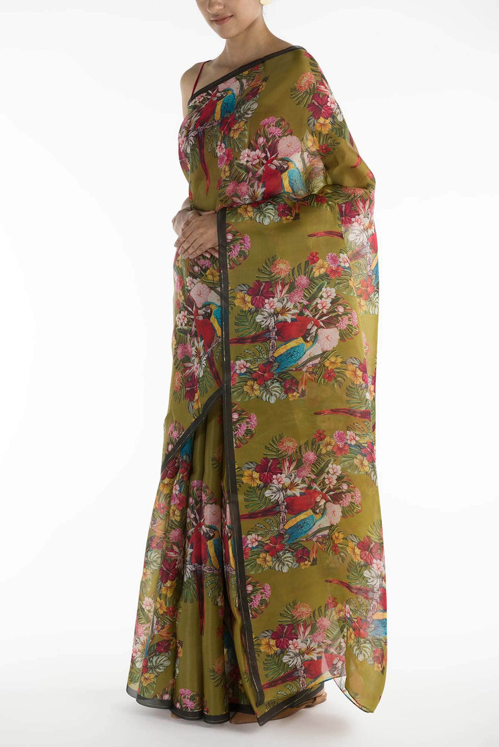Lover Macaws Olive Green Satin Organza Saree