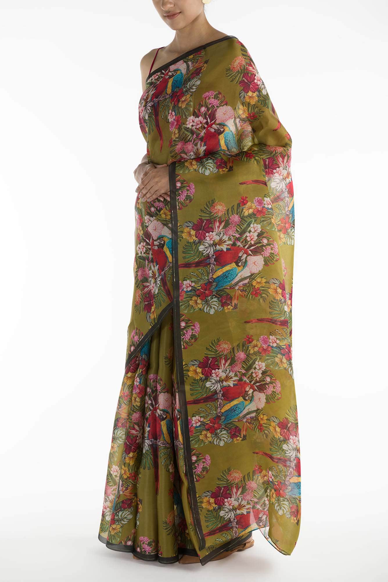 Lover Macaws Olive Green Satin Organza Saree