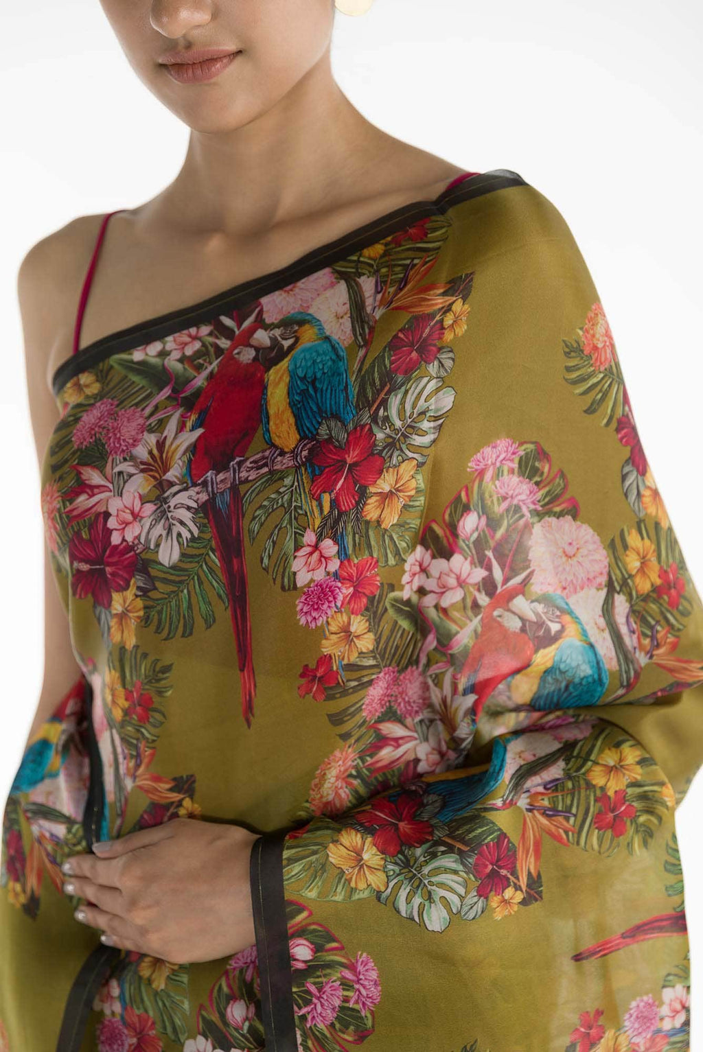 Lover Macaws Olive Green Satin Organza Saree