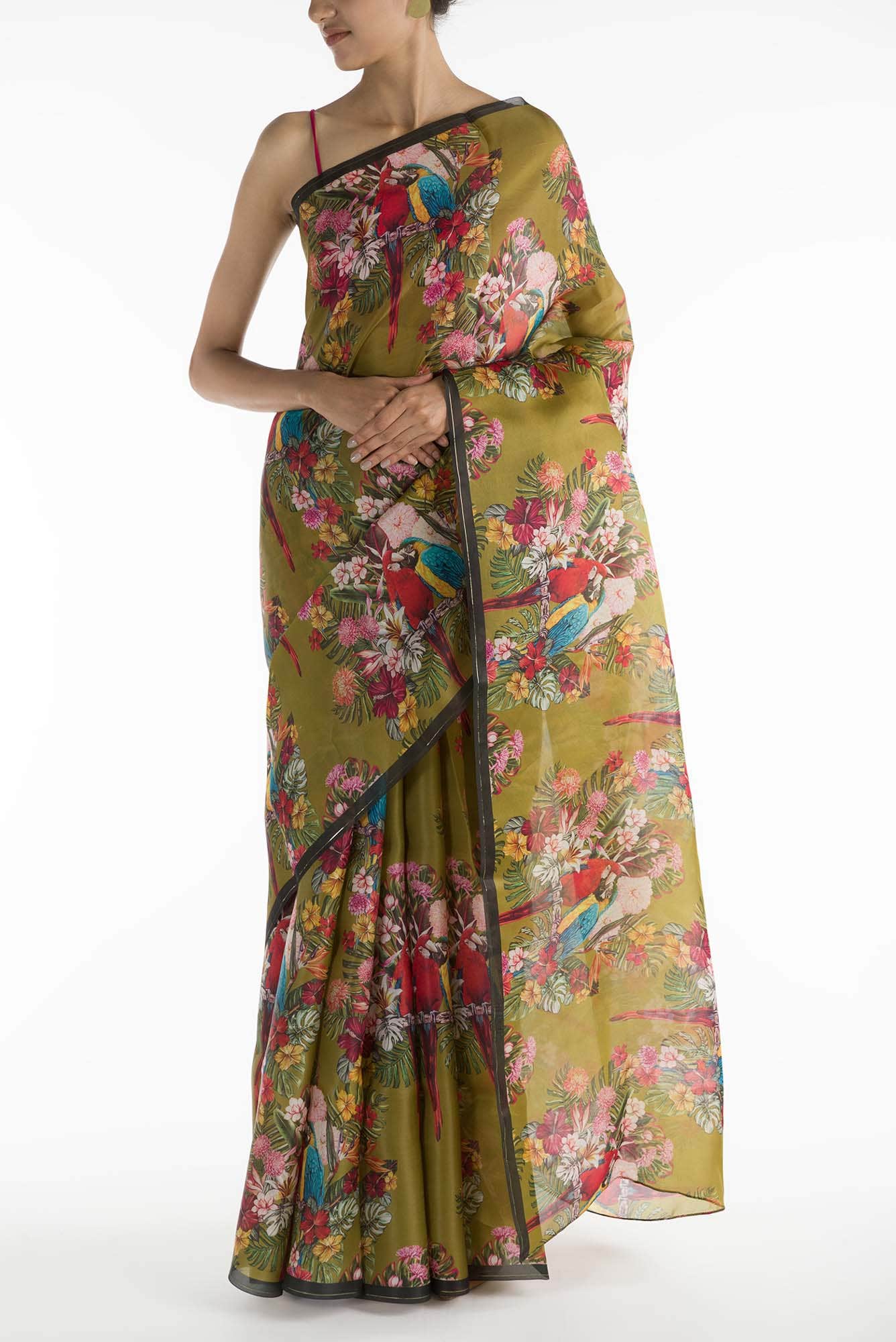 Lover Macaws Olive Green Satin Organza Saree